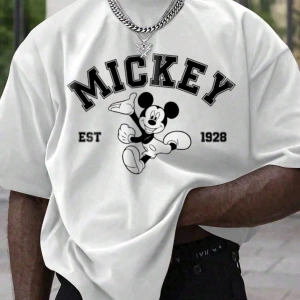 Disney Disney İşbirliği Mickey Mouse Rahat Karikatür Baskılı Kısa Kollu Tişört Erkekler İçin,