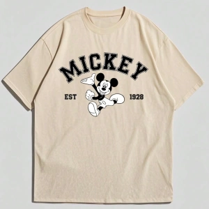 Disney Disney İşbirliği Mickey Mouse Rahat Karikatür Baskılı Kısa Kollu Tişört Erkekler İçin,