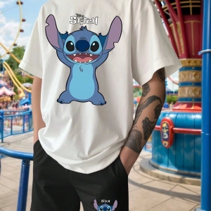Disney Disney Stitch Karikatür Baskılı Erkek Rahat Kısa Kollu Tişört ve Şort Takımı,