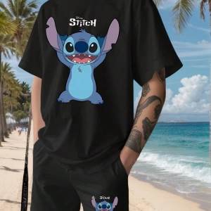 Disney Disney Stitch Karikatür Baskılı Erkek Rahat Kısa Kollu Tişört ve Şort Takımı,