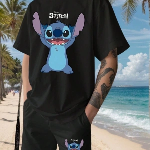 Disney Disney Stitch Karikatür Baskılı Erkek Rahat Kısa Kollu Tişört ve Şort Takımı,