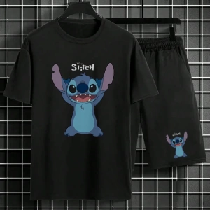 Disney Disney Stitch Karikatür Baskılı Erkek Rahat Kısa Kollu Tişört ve Şort Takımı,