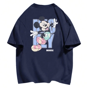 Disney Kadın Yaz Günlük Rahat Gevşek Yuvarlak Yaka Beyaz Kısa Kollu Tişört Sevimli Disne