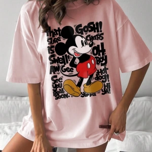Disney Kadın Yaz Günlük Rahat Gevşek Yuvarlak Yaka Kısa Kollu Tişört Sevimli Disney Çizg