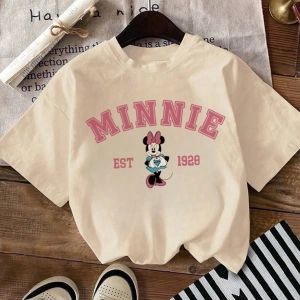 Disney Kadın Yaz Günlük Rahat Gevşek Yuvarlak Yaka Kısa Kollu Tişört Sevimli Disney Çizg
