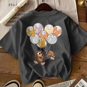Disney Kadın Yaz Günlük Rahat Gevşek Yuvarlak Yaka Kısa Kollu Tişört Sevimli Disney Çizg