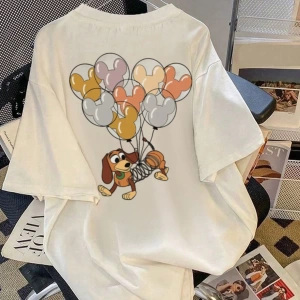 Disney Kadın Yaz Günlük Rahat Gevşek Yuvarlak Yaka Kısa Kollu Tişört Sevimli Disney Çizg