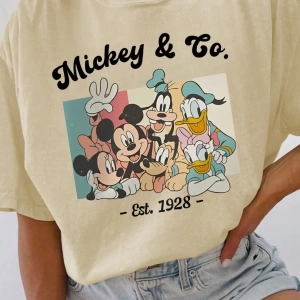 Disney Kadın Yaz Günlük Rahat Gevşek Yuvarlak Yaka Kısa Kollu Tişört Sevimli Disney Çizg
