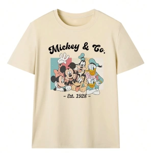 Disney Kadın Yaz Günlük Rahat Gevşek Yuvarlak Yaka Kısa Kollu Tişört Sevimli Disney Çizg