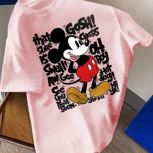Disney Kadın Yaz Günlük Rahat Gevşek Yuvarlak Yaka Kısa Kollu Tişört Sevimli Disney Çizg