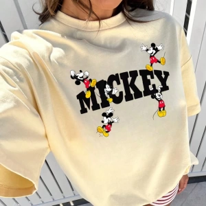Disney Kadın Yaz Günlük Rahat Gevşek Yuvarlak Yaka Kısa Kollu Tişört Sevimli Disney Çizg