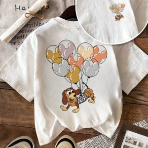 Disney Kadın Yaz Günlük Rahat Gevşek Yuvarlak Yaka Kısa Kollu Tişört Sevimli Disney Çizg