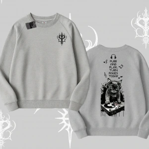 DJ Kedi Baskılı Müzik Temalı Biskilet Sweatshirt