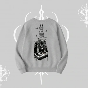 DJ Kedi Baskılı Müzik Temalı Biskilet Sweatshirt