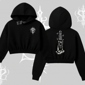 DJ Kedi Baskılı Müzik Temalı Kapşonlu Crop Sweatshirt