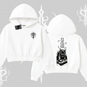 DJ Kedi Baskılı Müzik Temalı Kapşonlu Crop Sweatshirt