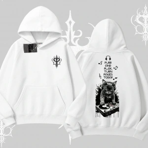 DJ Kedi Baskılı Müzik Temalı Kapşonlu Sweatshirt