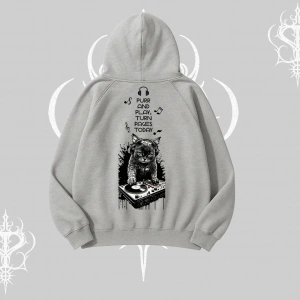 DJ Kedi Baskılı Müzik Temalı Kapşonlu Sweatshirt
