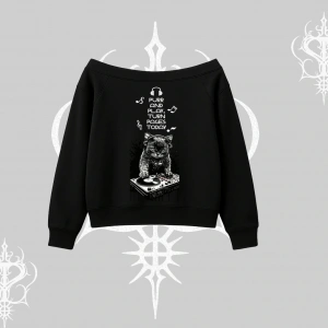 DJ Kedi Baskılı Müzik Temalı Kayık Yaka Sweatshirt