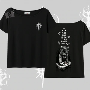 DJ Kedi Baskılı Müzik Temalı Kayık Yaka Tshirt