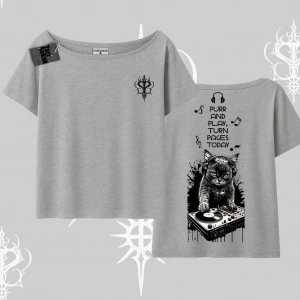 DJ Kedi Baskılı Müzik Temalı Kayık Yaka Tshirt