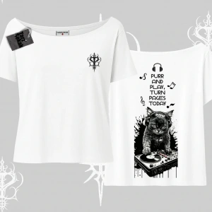 DJ Kedi Baskılı Müzik Temalı Kayık Yaka Tshirt