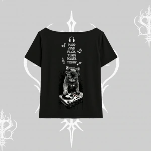 DJ Kedi Baskılı Müzik Temalı Kayık Yaka Tshirt