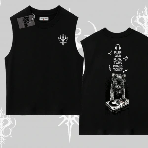 DJ Kedi Baskılı Müzik Temalı Kolsuz Tshirt