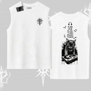 DJ Kedi Baskılı Müzik Temalı Kolsuz Tshirt