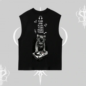 DJ Kedi Baskılı Müzik Temalı Kolsuz Tshirt