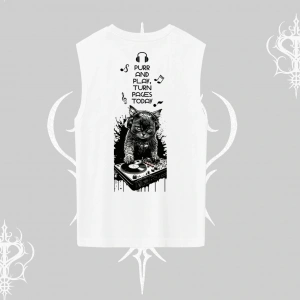 DJ Kedi Baskılı Müzik Temalı Kolsuz Tshirt