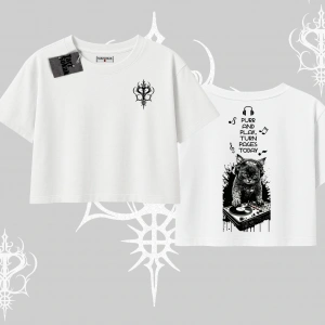 DJ Kedi Baskılı Müzik Temalı Oversize Crop Tshirt