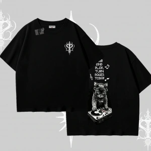 DJ Kedi Baskılı Müzik Temalı Oversize Tshirt