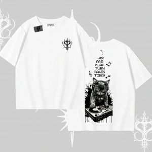 DJ Kedi Baskılı Müzik Temalı Oversize Tshirt