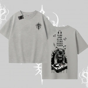 DJ Kedi Baskılı Müzik Temalı Oversize Tshirt