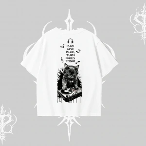 DJ Kedi Baskılı Müzik Temalı Oversize Tshirt