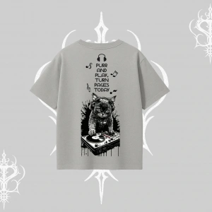 DJ Kedi Baskılı Müzik Temalı Oversize Tshirt