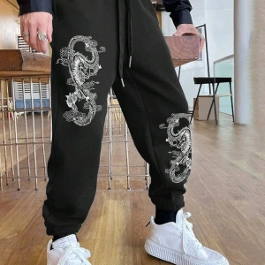 Dragon & Letter Graphic Drawstring Waist Eşofman Altı
