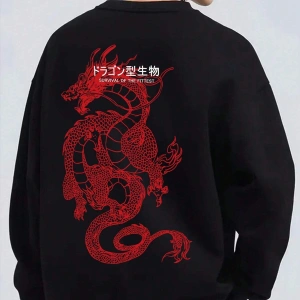 Dragon & Slogan Graphic Drop Shoulder Sweatshirt Siyah