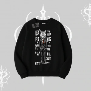 Dream Big Yazılı Takım Elbiseli Kedi Baskılı Biskilet Sweatshirt