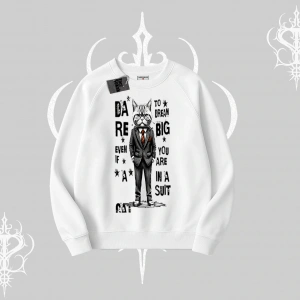 Dream Big Yazılı Takım Elbiseli Kedi Baskılı Biskilet Sweatshirt