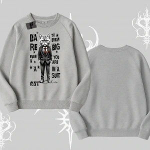 Dream Big Yazılı Takım Elbiseli Kedi Baskılı Biskilet Sweatshirt