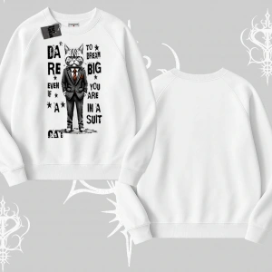 Dream Big Yazılı Takım Elbiseli Kedi Baskılı Biskilet Sweatshirt