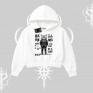Dream Big Yazılı Takım Elbiseli Kedi Baskılı Kapşonlu Crop Sweatshirt