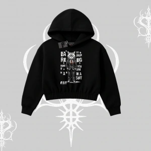 Dream Big Yazılı Takım Elbiseli Kedi Baskılı Kapşonlu Crop Sweatshirt