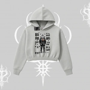 Dream Big Yazılı Takım Elbiseli Kedi Baskılı Kapşonlu Crop Sweatshirt