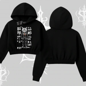 Dream Big Yazılı Takım Elbiseli Kedi Baskılı Kapşonlu Crop Sweatshirt