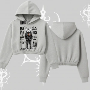 Dream Big Yazılı Takım Elbiseli Kedi Baskılı Kapşonlu Crop Sweatshirt