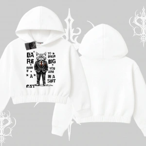 Dream Big Yazılı Takım Elbiseli Kedi Baskılı Kapşonlu Crop Sweatshirt