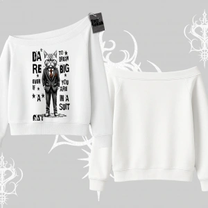 Dream Big Yazılı Takım Elbiseli Kedi Baskılı Kayık Yaka Sweatshirt